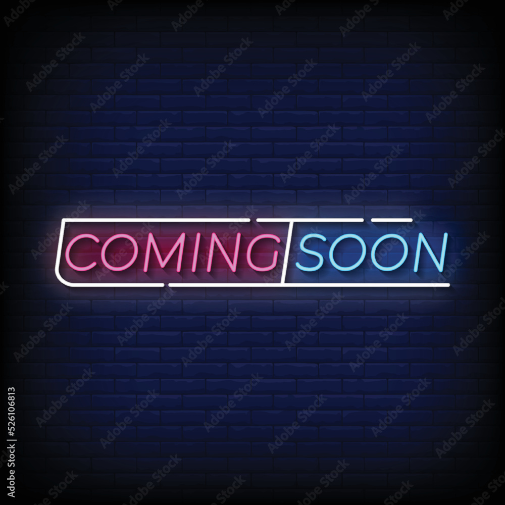 Neon Sign coming soon with Brick Wall Background Neon Sign coming soon with Brick Wall Background