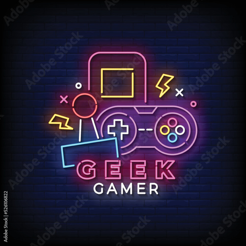 Neon Sign geek gamer with Brick Wall Background