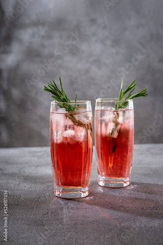 Summer refreshing alcoholic cocktails. Raspberry lemonade garnished with fresh rosemary. Summer raspberry beverage with sparkling water.  Copy space.