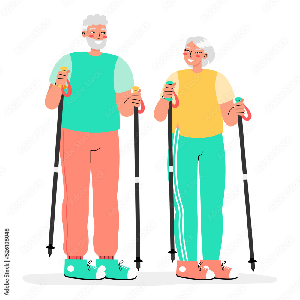 Joyful positive old couple hiking with hiking staffs and fitness tracker isolated on a white background. Smart Watch for senior people concept. Active old age. Joyful positive old couple hiking with hiking staffs and fitness tracker isolated on a white background. Smart Watch for senior people concept. Active old age.