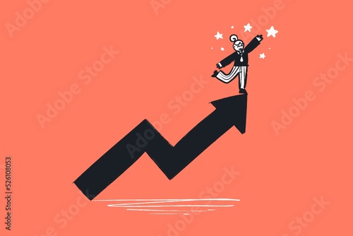 Comic strip cartoony style funny for article, web, socials, post - Successful ambitious business woman on top of the charts reaching the stars