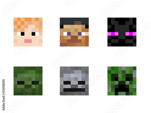 A set of colored square cartoon pixel heads isolated on a white background. A set of six character skins in the style of eight-bit games. Color pixel heads with a scary faces. Vector illustration