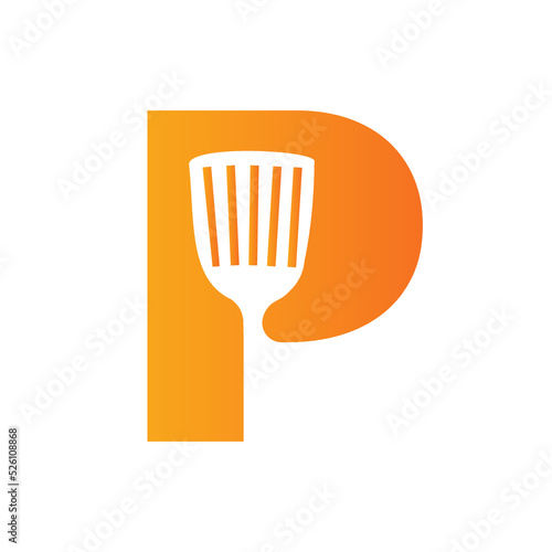 Letter P Kitchen Spatula Logo. Kitchen Logo Design Combined With Kitchen Spatula For Restaurant Symbol