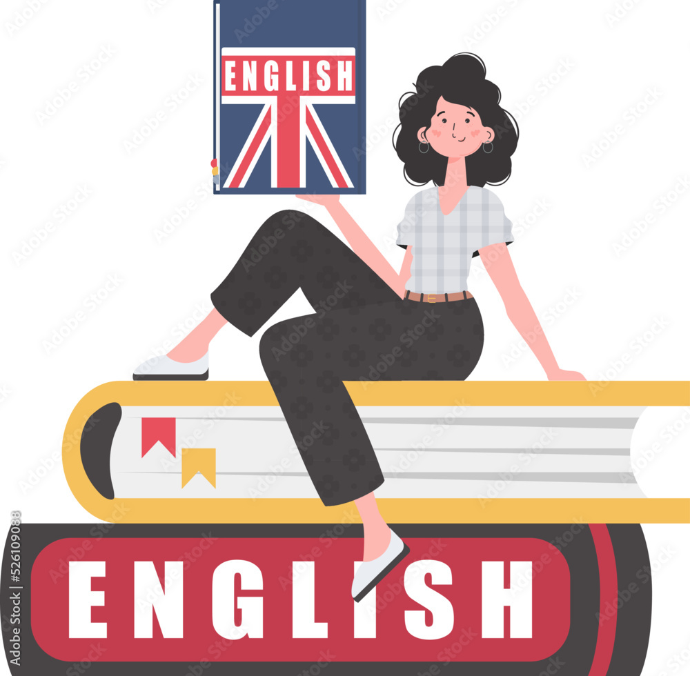 A woman sits on books and holds an English dictionary in her hands. The concept of learning English. Isolated. Flat modern style. Vector illustration.