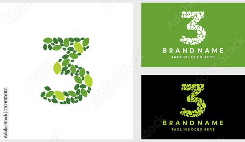 Number three 3 eco leaves logo icon vector