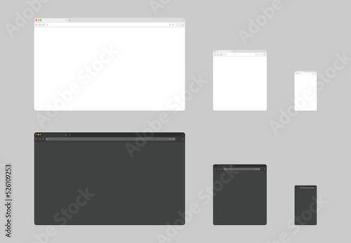 Web browser window template. Website browser different devices. Sample frame design web page mockup. Flat design blank screen web browser. Vector illustration