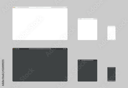 Web browser window template. Website browser different devices. Sample frame design web page mockup. Flat design blank screen web browser. Vector illustration