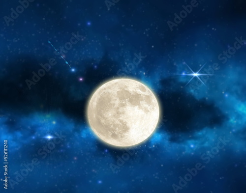  cosmic light star flares and starry night blue sky and big moon background 