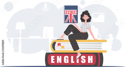 The concept of learning English. A woman sits on books and holds an English dictionary in her hands. Flat modern style. Vector illustration.