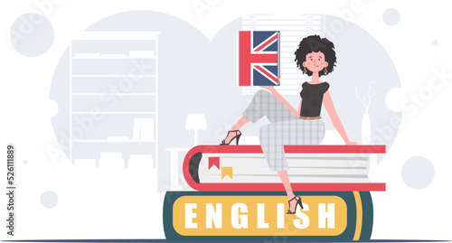 The concept of learning English. A woman sits on books and holds an English dictionary in her hands. Flat modern style. Vector.