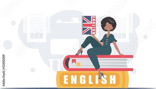The concept of teaching English. A woman sits on books and holds an English dictionary in her hands. trendy style. Vector.