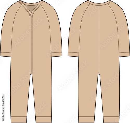 Onesie with a long sleeves. Infant romper. Sand color. Baby body wear mock up. Children bodysuit.