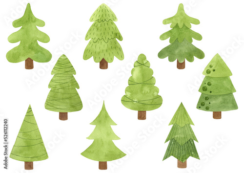 Set Christmas tree. Watercolor christmas illustration isolated on white background