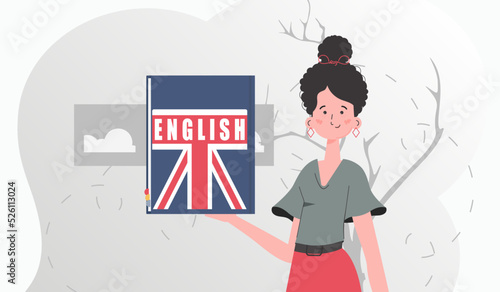 The concept of learning English. A woman holds an English dictionary in her hands. Flat modern style. Vector.