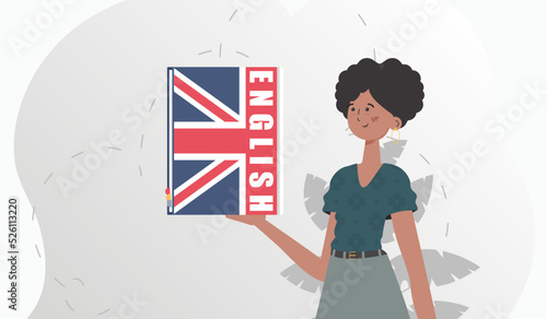 The concept of learning English. A woman holds an English dictionary in her hands. trendy style. Vector.