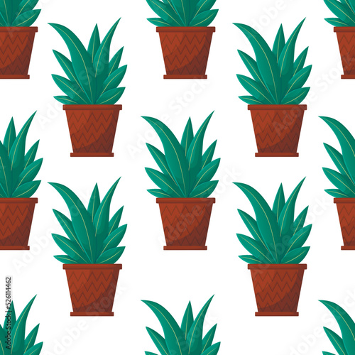 Seamless pattern with a beautiful long green flower in a pot with a gradient isolated on a white background