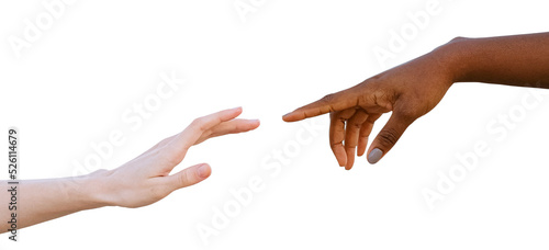 Black and white human hands reaching towards each other isolated