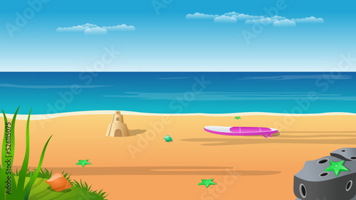 Sea beach nature landscape with surfing boat, stone, sand palace, star fish, green grass