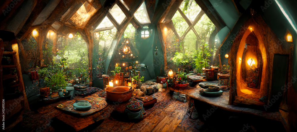 Fototapeta premium Spectacular picture of interior of a fantasy medieval cottage, full with plants furniture and enchanted light. Digital art 3D illustration.