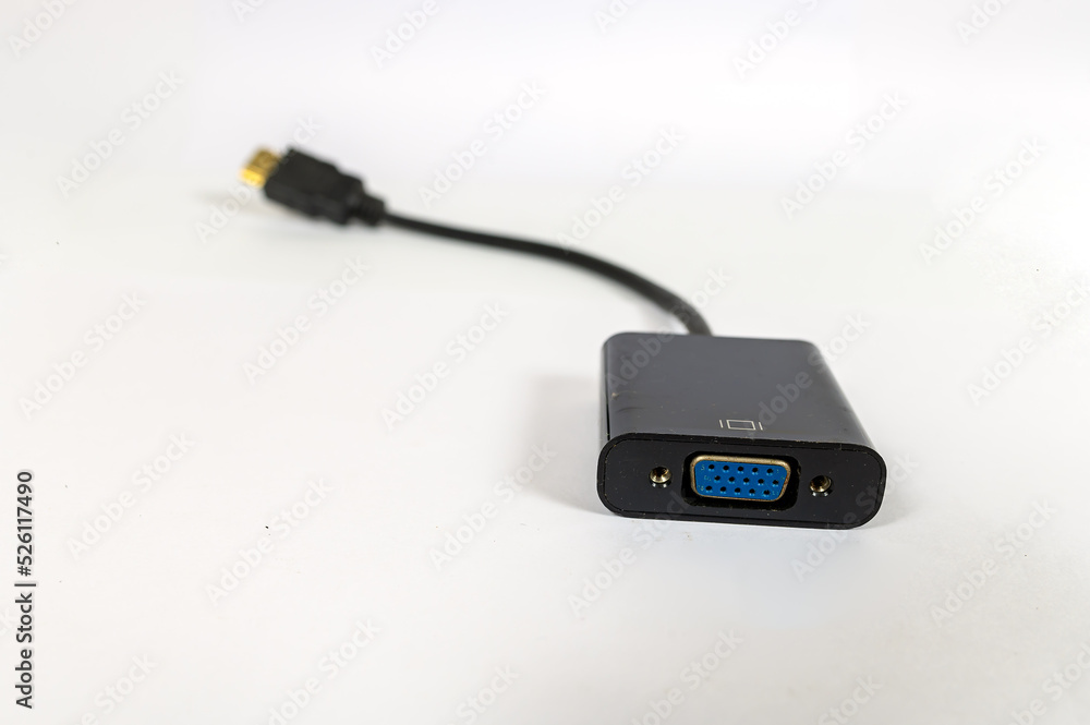 HDMI Convert VGA isolated on the white table, Display connector, Focus in front. HDMI Convert VGA isolated on the white table, Display connector, Focus in front.