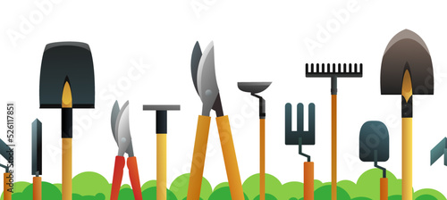 Agricultural rural garden tool and tree crowns. Isolated on white background. Bottom seamless horizontal frame. Vector.