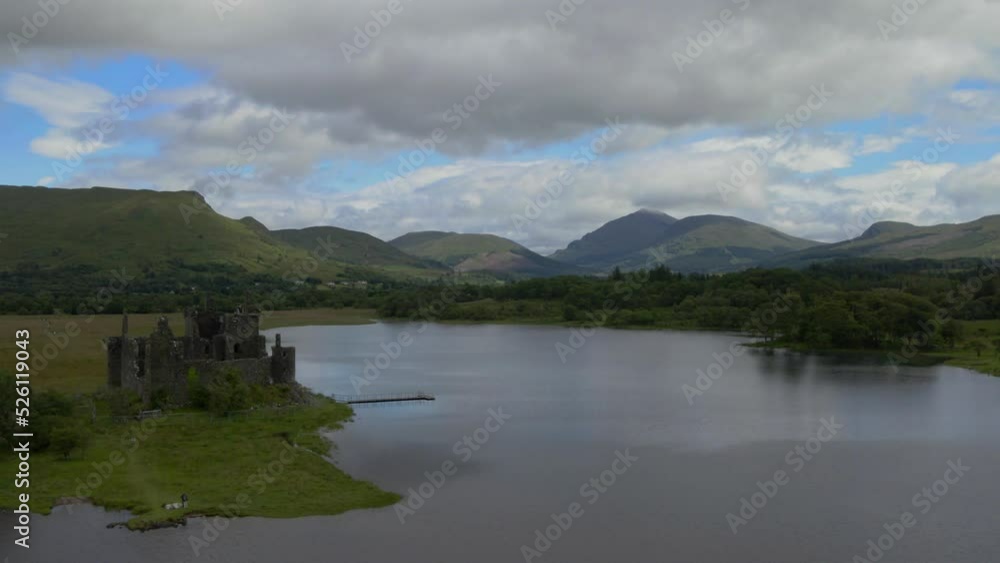 Aerial flyover view of Loch Leven and Glencoe with Ben Nevis mountain in the background Aerial flyover view of Loch Leven and Glencoe with Ben Nevis mountain in the background