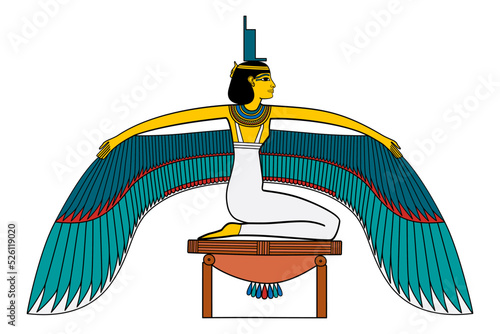 Isis, winged goddess in ancient Egyptian religion, with throne hieroglyph on her head. In Osiris myth and cult she resurrects her husband Osiris, who was killed by Seth, and protects his heir, Horus.