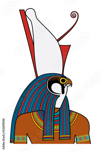 Horus portrait, god of kingship and the sky in ancient Egypt. Tutelary deity, depicted as falcon headed man, wearing the pschent, double crown and symbol of kingship over the entire kingdom of Egypt.
 photo