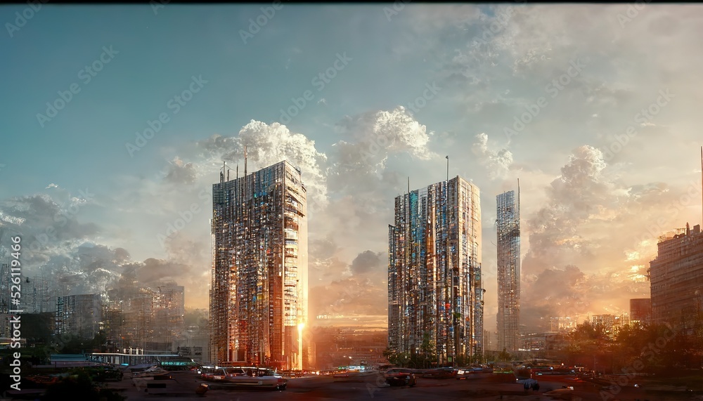 Future City on the coast.3d render, Raster illustration.