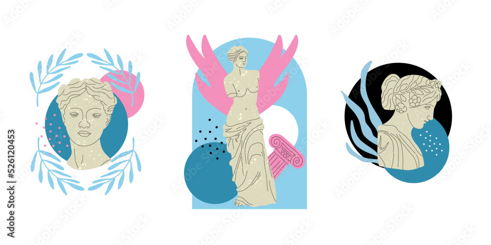 Naklejka premium Antique marble statue. Greek or roman sculptures, gods and goddesses. Hand drawn body parts and faces with texture, Classic statues abstract contemporary poster or print vector cartoon flat set