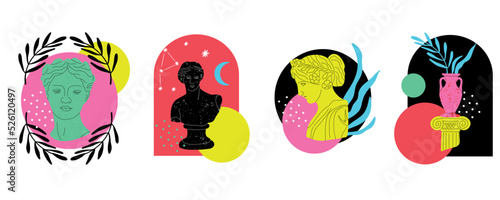 Antique marble statue. Greek or roman sculptures, gods and goddesses. Hand drawn body parts and faces with texture, Classic statues abstract contemporary poster or print vector cartoon flat set