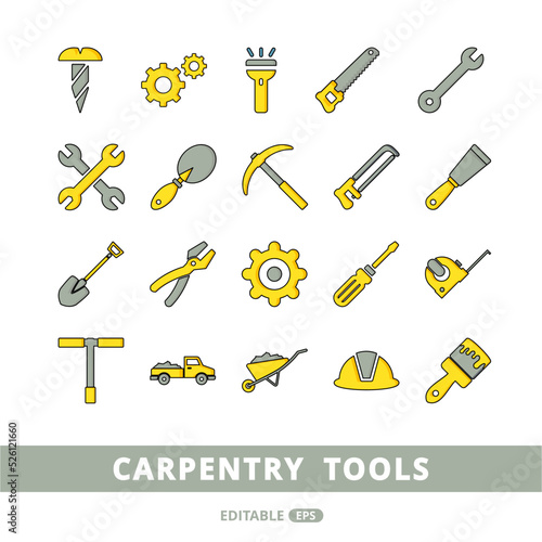 a set of carpentry tool icons. full color isolated on white background.