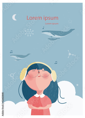 Cartoon of down syndrome or Autism patient with happy gentle face,using headphone listen to the sound.Whale on the sky with clear sky.Down Syndrome Awareness or happy Autism patient.