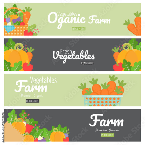 Vegetable and organic farm horizontal web banner template. Healthy food. Vector illustration.