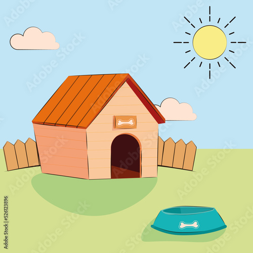 Dog house with blue dog food bowl