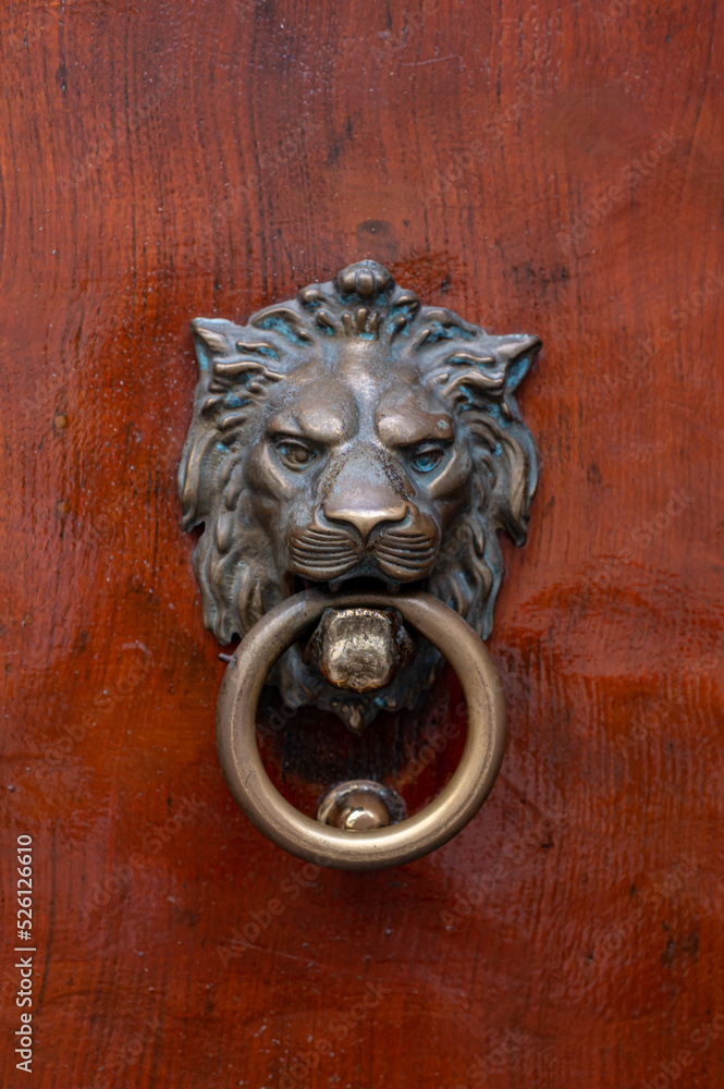 Vintage metal doorknob knocker (gong) on an old wooden door