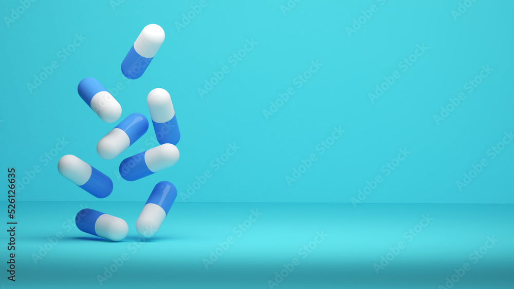 Drug production for medical use,drug on blue background, medicine, 3D rendering