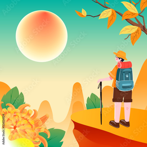 Double ninth festival, an elderly couple climbing the mountain together with mountains and chrysanthemums in the background, vector illustration