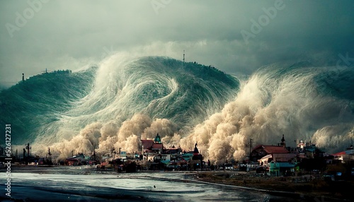 tsunami, big waves hitting town, force of nature illustration