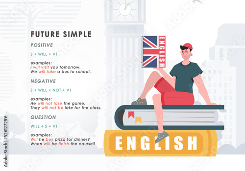 Future simple rule. banner for learning english. Vector illustration.