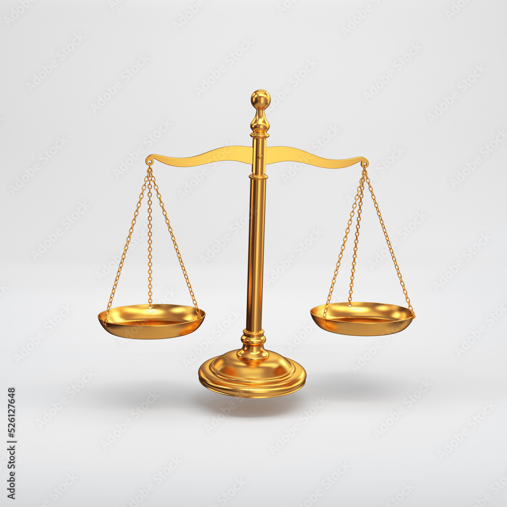 Golden scales of justice floating on a gray background, 3d render Golden scales of justice floating on a gray background, 3d render