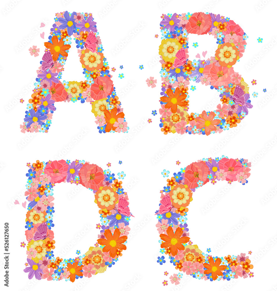 cheerful floral font alphabet with perching butterflies and flyi