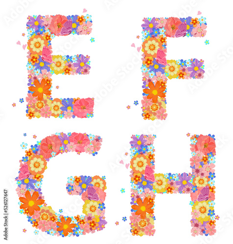cheerful floral font alphabet with perching butterflies and flyi