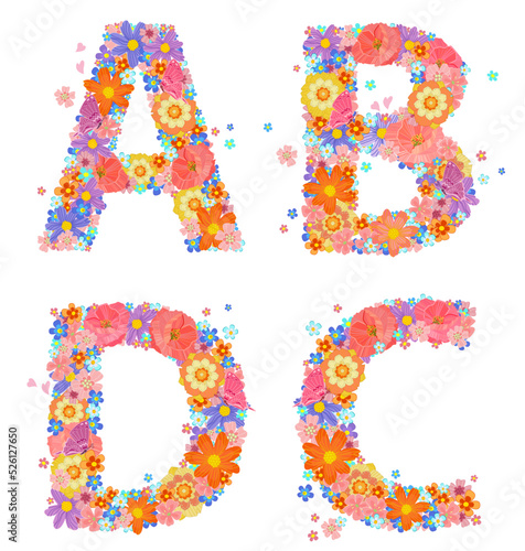 cheerful floral font alphabet with perching butterflies and flyi