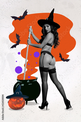 Collage photo of young nude attractive witch wear lingerie stockings seduce brew potion isolated on drawing background