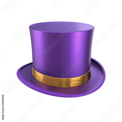 Purple top hat with a gold ribbon on a white background, 3d render