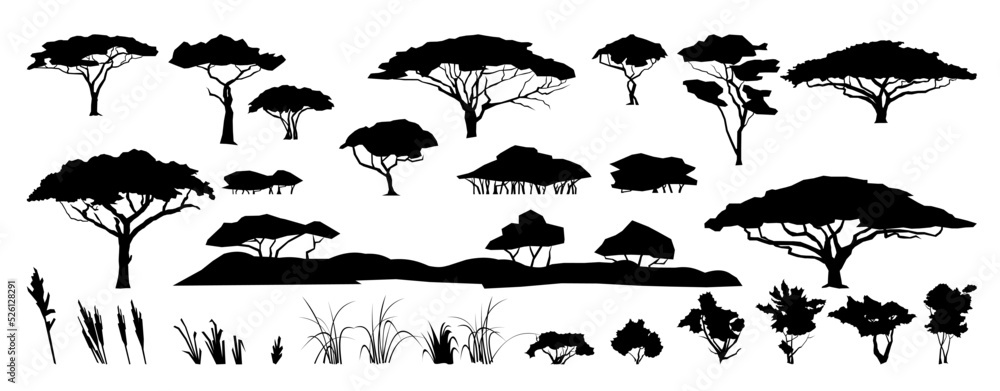 custom made wallpaper toronto digitalSet of plants and herbs. Silhouette picture. African savannah landscape. Africa acacia tree. Isolated on white background. Vector.