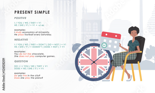 Present simole The rule for studying tenses in English. The concept of teaching English. Trend character style. Illustration in vector.