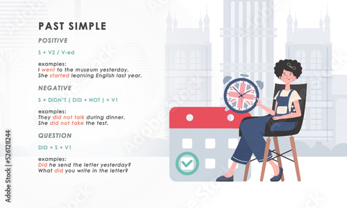 Past simple. Rule for the study of tenses in English. The concept of teaching English. Trend character style. Vector illustration.