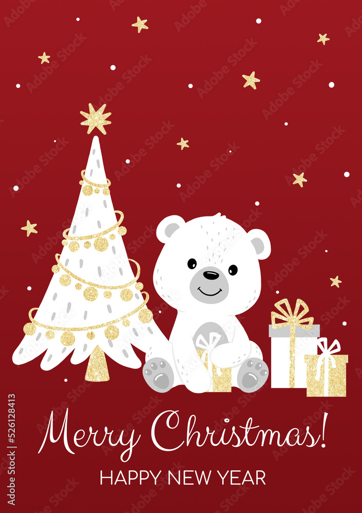 Postcard for New Year and Christmas. Cute polar bear, Christmas tree, gifts, stars, snow with gold glitter effect A5 format
Postcard for New Year and Christmas. Cute polar bear, Christmas tree, gifts, stars, snow with gold glitter effect A5 format